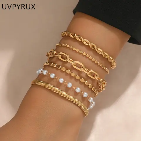 Women's 6 Pcs/Set Gold Plated Layered Bracelet Set - Minimalist Bracelets, Rope Box Chain Tennis Bangles, Lightweight, Luxe Look, Casual Wear, Birthday Gift for Teenage Girls
