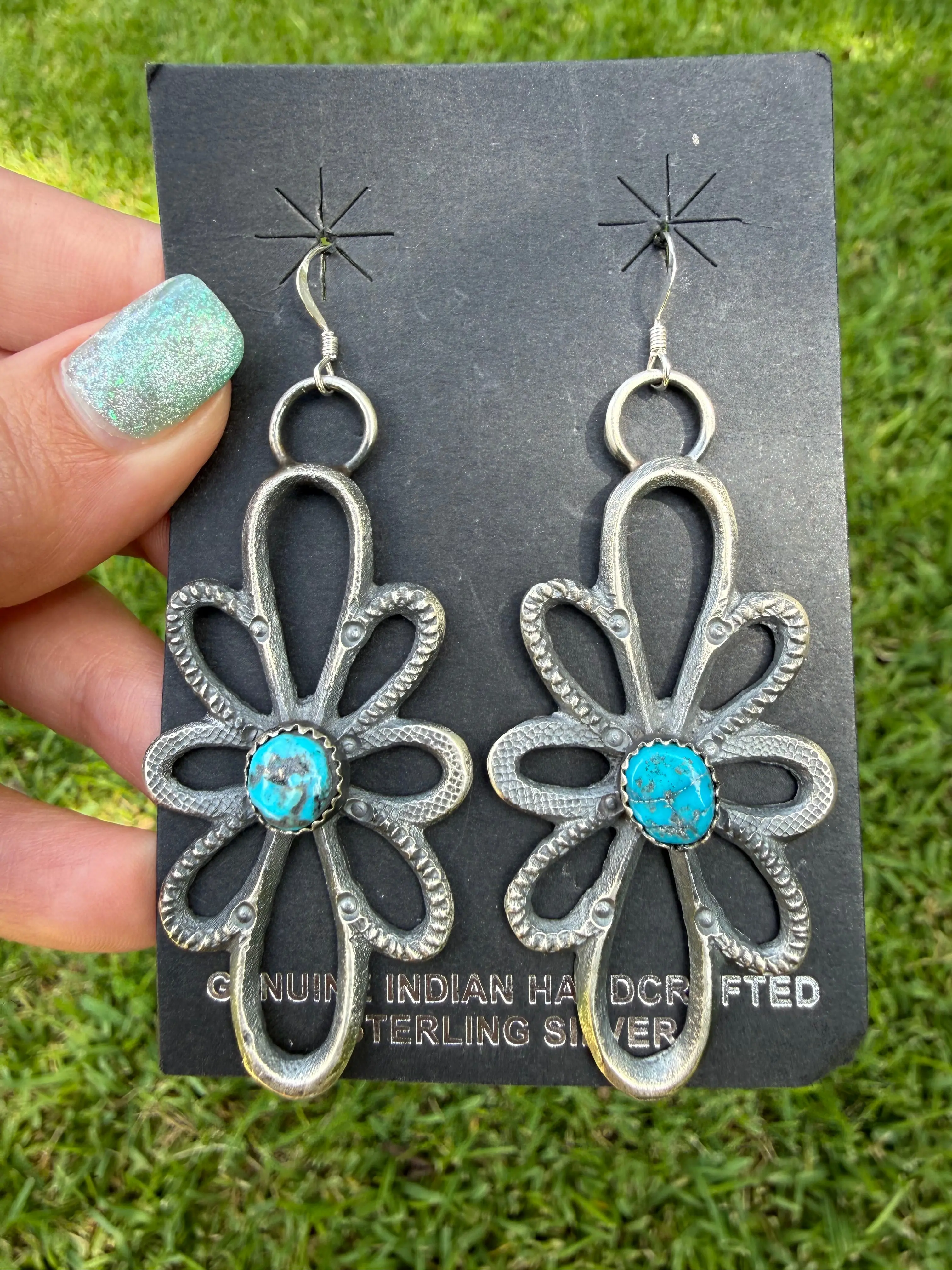 Navajo Turquoise Sterling Silver Big Flower Dangle Earrings