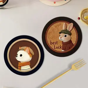 Cute Animal Coaster Set, Cartoon Dog Cat Rabbit Round Table Mats, "Best Luck" Print Non-slip Heat-resistant Coasters, Lovely Home Decor for Drinks, Cups, Kitchen and Dining Room, Perfect Gift for Animal Lovers