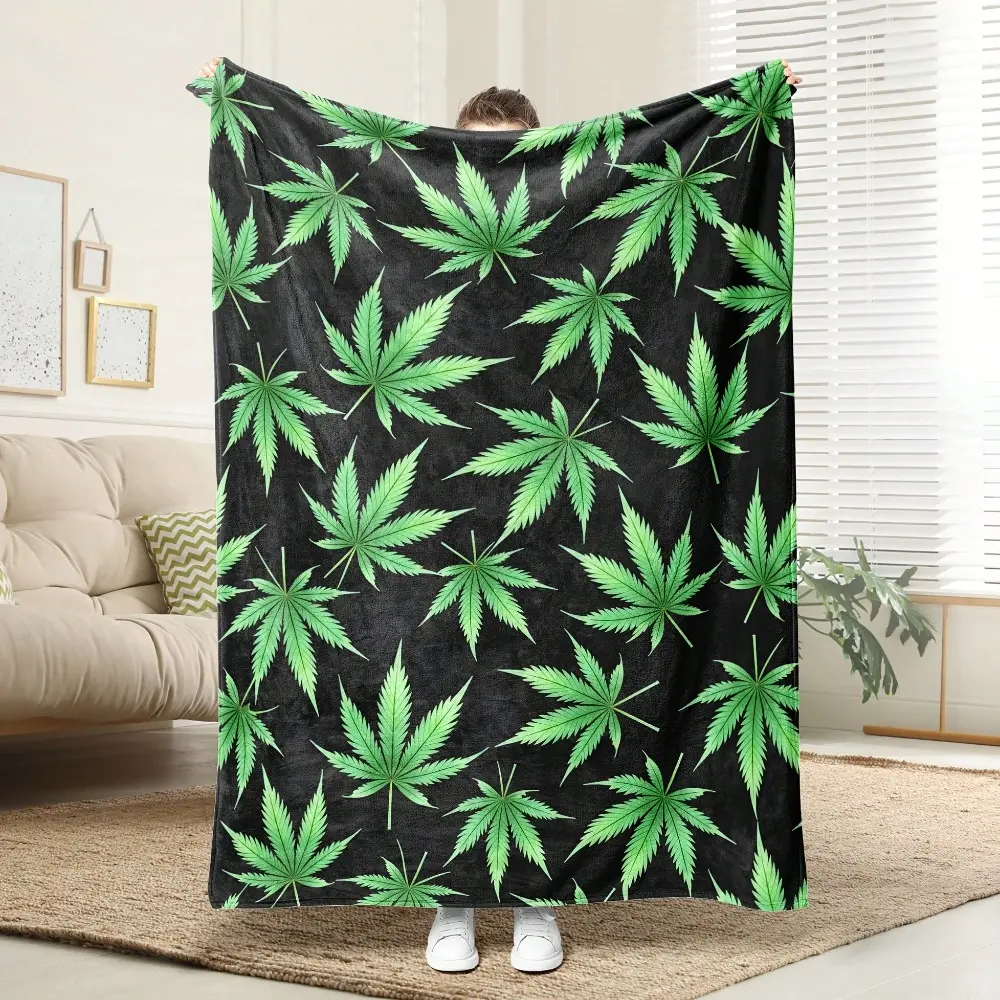Extra Large Leaf Print Throw Blanket - Soft Flannel-Like Texture, Machine Washable All-Season Bedspread Couch Cover For Living Room, Bedroom - Modern Home Decor In Green & Dark Background