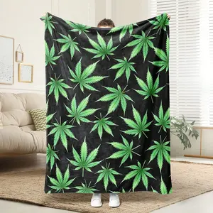 Extra Large Leaf Print Throw Blanket - Soft Flannel-Like Texture, Machine Washable All-Season Bedspread Couch Cover For Living Room, Bedroom - Modern Home Decor In Green & Dark Background