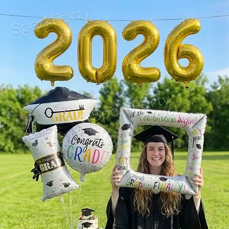 8pcs Graduation Party Balloon Set, 16-Inch 2026 Banner, Photo Frame Graduation Decoration, Diploma & Hat Balloons, Ideal for 2026 Graduation