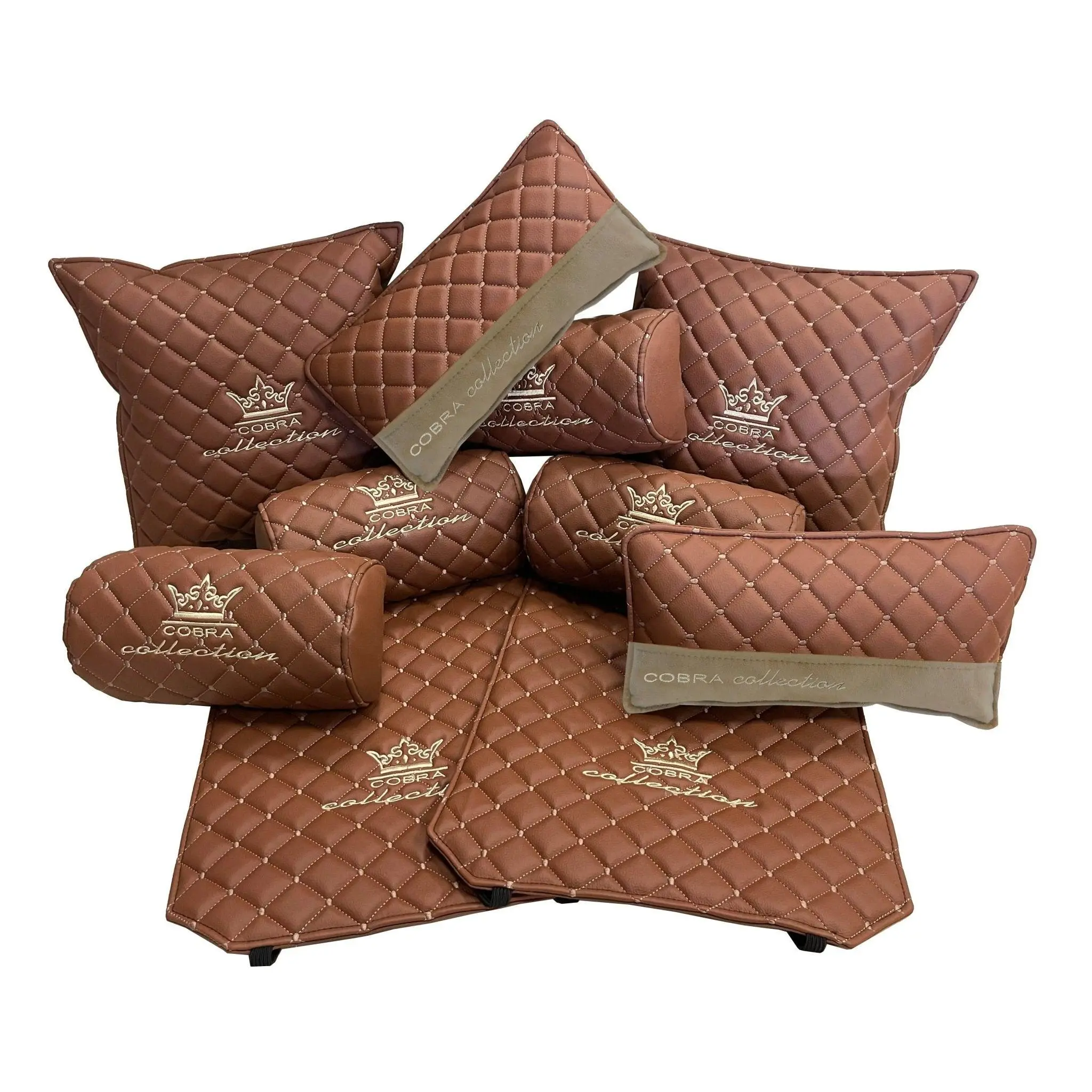 VIP Car Interior Set Brown With Cream Diamond Stitch Pillows