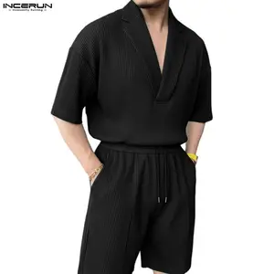 INCERUN Men's 2-Piece Matching Plain Set - Old Money Plisse Menswear, Short-Sleeve Pleated Polo, Casual Summer Resort Shorts