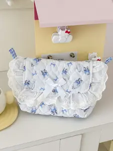 Print Quilted Cosmetic Bag, Lace Ruffle Bow Makeup Organizer, Large Capacity Travel Toiletry Pouch for Girls
