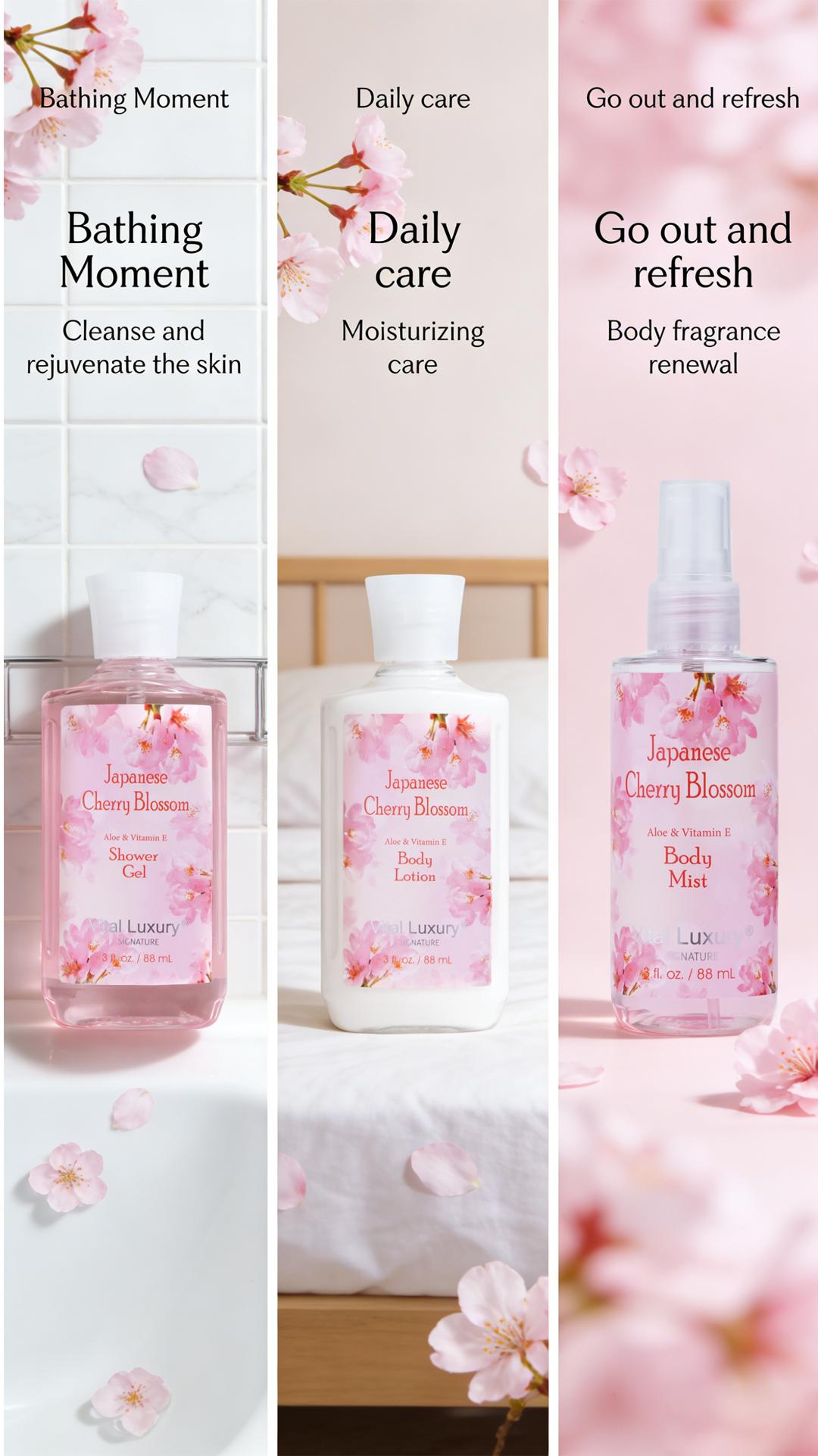 Japanese Cherry Blossom Bath & Body Travel Set – 3oz Shower Gel, 3oz Body Lotion, 3oz Body Mist & 2.5oz Bath Salts | Silky Lather, All-Day Fresh Scent, Moisturizing & Revitalizing | Ideal Gift for Mom, Wife, Sister & Girlfriend