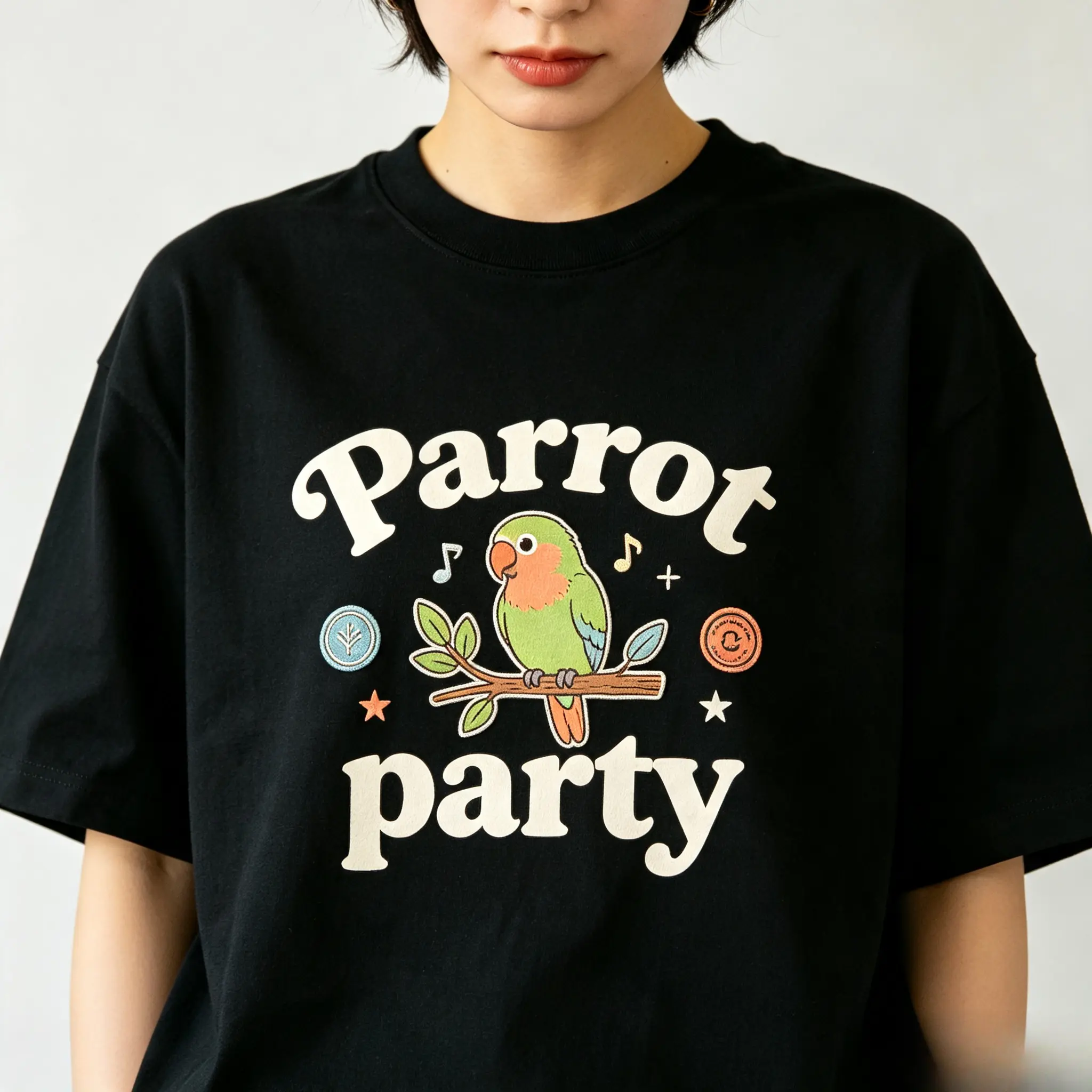 Parrot Party Tee, Cute Parrot Bird Graphic Top, Fun Bird Pet Lover Statement, Music Note Star Accent Design, 100% Cotton Crewneck T‑Shirt