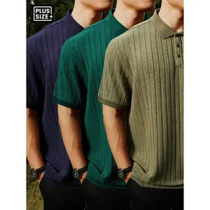 【Plus Size】 Solid Ribbed Polo Shirt, Regular Fit Casual Short Sleeve Collared Top for Summer, Men's Clothes for Daily Wear, Tropical, Polo Shirt Set