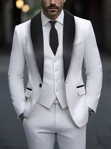 Calvornis Men's Contrast Color Shawl Collar Long Sleeve Jacket And Pants Business Suit Set White Suit Men White Blazer & Pants Party Suit Wedding Suit