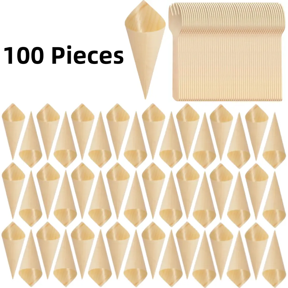 50 piece Food Grade Disposable Spoons Charcuterie Cones Plates Mini Wooden Forks for Appetizers, Charcuterie, Parties