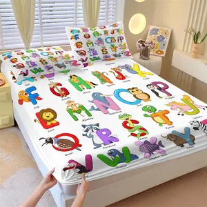 Cartoon Early Education Animal Alphabet Print Fitted Sheet Set, Includes 2 Pillowcases, Breathable Comfort, Durable, Anti-Wrinkle, Kids Bedroom Decor