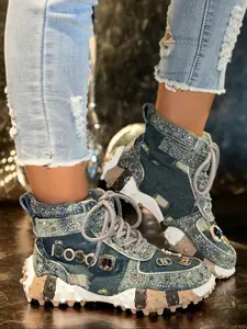 Women's Thick Sole Sport Shoes with Rhinestone Details, Fashion Casual High Top Sneakers, Trendy Daily Wear Footwear, Trendy Walking Sneakers