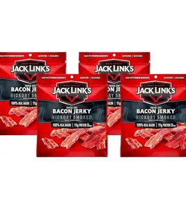 Jack Link's Bacon Jerky, Hickory Smoked - Flavorful Ready to Eat Meat Snack with 11g of Protein per Serving, Made with 100% Thick Cut Real Bacon, Protein Snack, Keto Friendly, 2.5 oz. (Pack of 4)