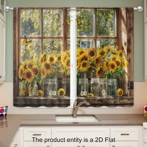 2D Flat, Farmhouse Rustic Sunflower Window Valance Set - Vibrant Yellow Sunflowers & Green Foliage Print, Cordless Rod Pocket Design, Light Filtering Semi-Sheer Fabric for Kitchen, Living Room, Bedroom, Cafe, Office Decor - Rustic Window Valance wit