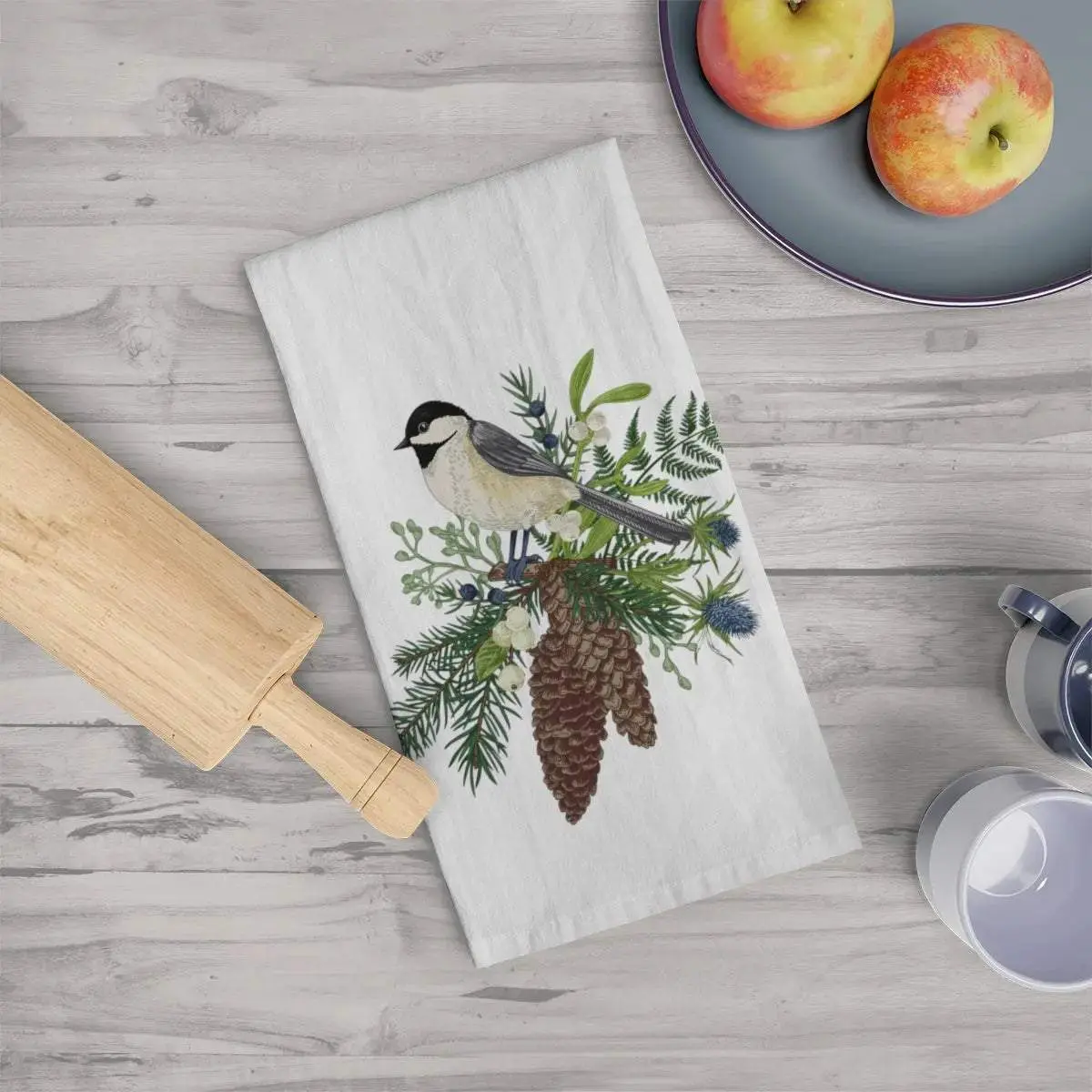 Chickadee Kitchen Tea Towel, Holiday Kitchen Towel, Christmas Dish Towel, Winter Chickadee Towel
