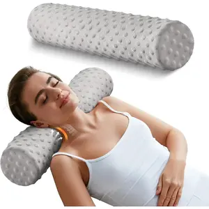 Memory Foam 4" Round Pillow, Cervical Neck Pillow for Pain Relief, Cylinder Pillows 18"x 4", Removable Cover, Neck Roll Pillow for Sleeping, Velvet Dots, Grey