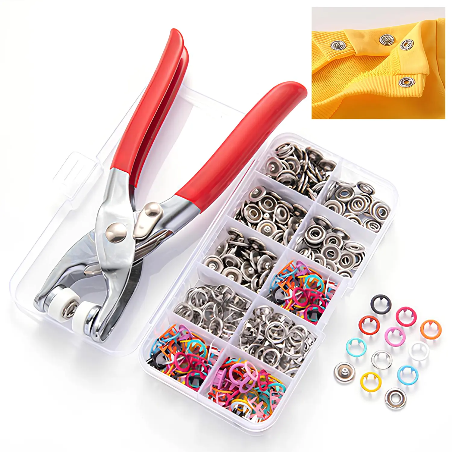 SETIPS Snap Button Kit 100set, 9.5mm Snap Fasteners Kit with Pliers, Metal Snaps Kit with Tool, Five Claw Buckle Tool Set 10 Colors (Hollow 100set) -Metal Snaps Buttons with Fastener Pliers Press Tool Kit Perfect for DIY Crafts Clothes Hats and Sewing