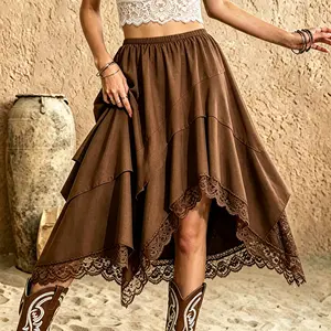 Woman's Brown Lace Hem Skirt Boho Western Style High Low Asymmetrical Ruffle Layered Elastic Waist Vintage Retro A-line Loose Midi Skirt For Music Festival Party Vacation Casual Outdoor