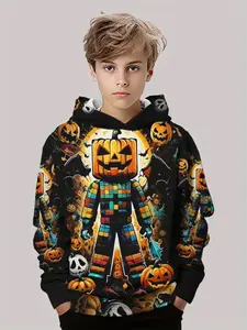 Boys' 3D Pixel Pumpkin Hoodie, Casual Long Sleeve Jacket, Glow-In-The-Dark Jack O'lantern Design, Perfect Halloween Gift, Graphic Casual Hoodie