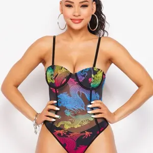 Printed Dragon Design Bra Cup Bodysuit for Women