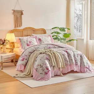 Flower Comforter Set Queen Size 90 * 90in - White Pink Floral Style -3 Pieces Farmhouse Bedding Set with Ruffled Rustic Lightweight Botantical Ruffle Comforter with Shams