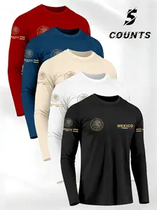 Men's Mexico Emblem Sport Long Sleeve T-Shirt Set, Fitted Stretch Round Neck Design, Muscle Highlighting, 5 Pieces, All Seasons, Athletic Apparel