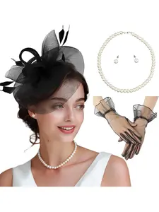 4PC/Set Flower Fascinators Headband with Feather, Flower Headpiece, Women's Tea Party Hat for Kentucky Derby, Cocktail, Wedding, Fancy Dress Party pearl Necklace Earings