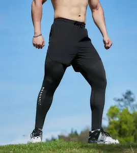 Summer breathable 2-in-1 faux two-piece men’s athletic leggings — quick-drying, anti-exposure running/fitness compression pants