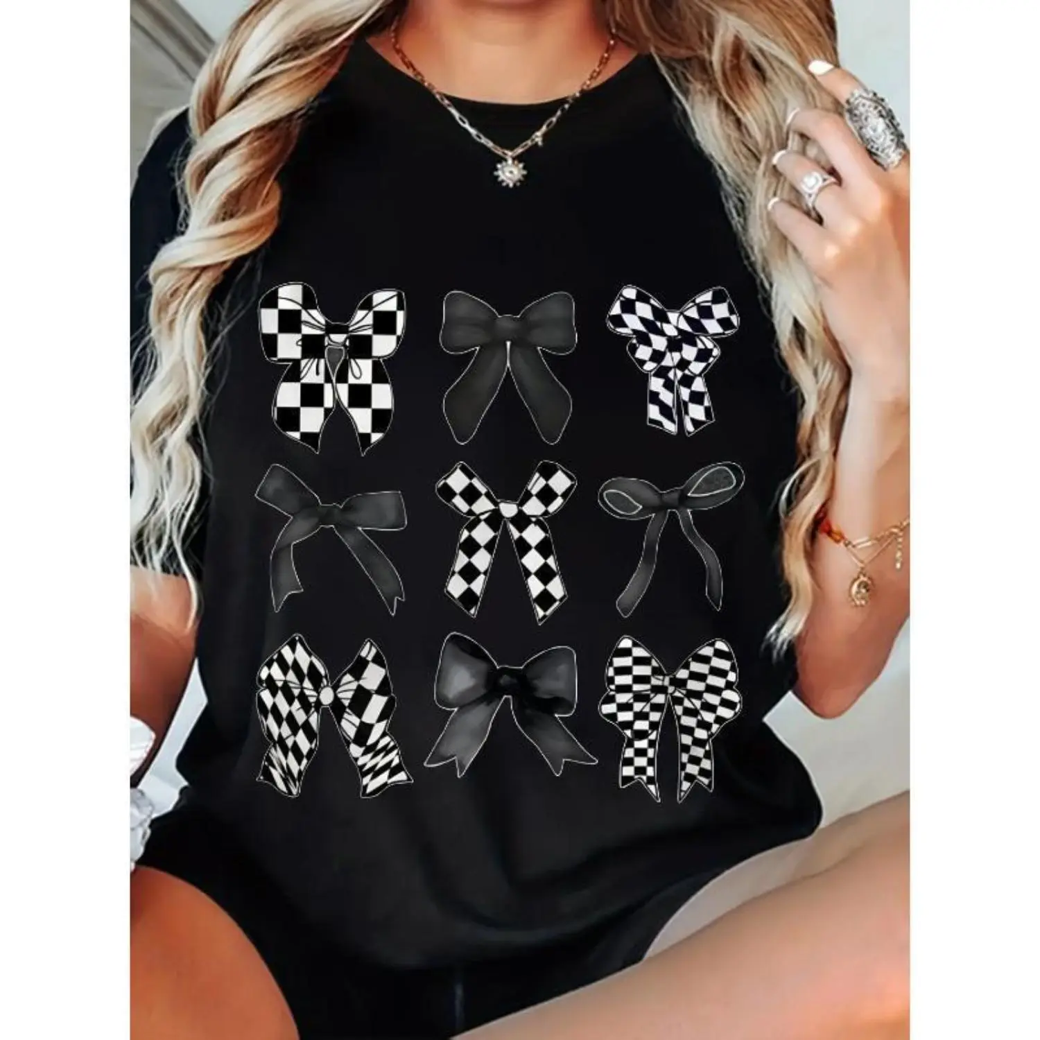 Casual Large Size Women'S Bow Print Short Sleeve Round Neck T shirt Perfect for Summer and Spring Leisure Fashion