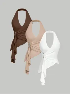 Women's 3-Piece Soft Touch V-Neck Sleeveless Fitted Top Set, Cross Design Metal Buckle, Casual Fashion, Inner Wear or Outerwear