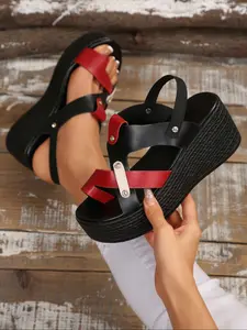 New Colorblock Thick Sole Platform Sandals for Women, Magic Tape Wedge Heel Roman Shoes, Casual Beach Shoes, Plain Pattern