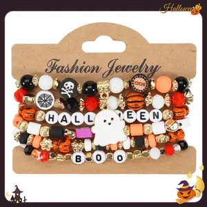 6 piece Halloween Bracelet Set Pumpkin Ghost Clay Letter Pendants & Stackable Discs, Stretchy & Easy to Wear Perfect Gift for Friends/Kids Multi-Layer Crystal Beaded