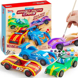Kits 4 DIY Wooden Race Cars-Build & Paint Your Own Wood Craft Kit, 4 Race Cars Toy, Easy to Assemble Arts Crafts Kit Kids Outdoor Play