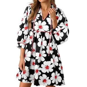 Lannew Womens Floral Mini Dresses 3/4 Balloon Sleeve V Neck Flowy Babydoll Dress Summer Beach Vacation Boho Outfits