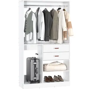 Freestanding Closet System with Suitcase Storage, 40 Inches Stand-Alone Wardrobe with 2 Wood Drawers, 80'' Height Adjustable Cloth Garment Rack, Walk-in Closet with Hanging Rod