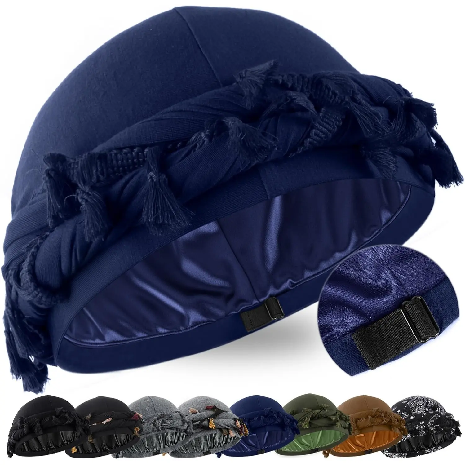 Unisex Pre-Tied Halo Turban - Satin-Lined Paisley Head Wrap with Vintage Twist Braid, Breathable Casual Durag with Tassel Detail, 1-Size Clothes Accessory