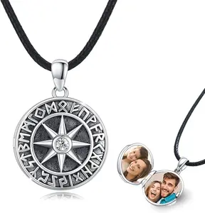 Crafted in 925 sterling silver Compass Locket Necklace for Men Sterling Silver Compass Pendant Picture Locket Viking Jewelry Graduation Necklace Compass Gifts for Men Women
