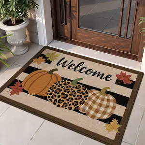 1PC Vintage Farmhouse Style Entrance Mat, Leopard Print Pumpkin Maple Leaf Design, Easy Clean, for Hallway Bathroom Bedroom Living Room