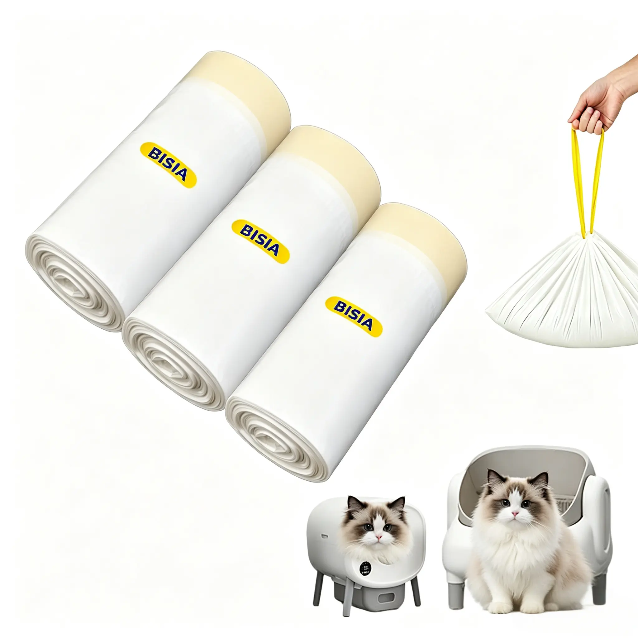 60-Count Drawstring Heavy-Duty Extra-Thick White-Yellow Replacement Pet Waste Bags for Automatic Litter Boxes and Litter Robots
