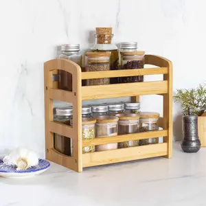 2-Tier Bamboo Spice Rack - Durable Open Display Shelf Organizer for Kitchen - Sturdy Storage Solution for Spices, Baking Supplies & More