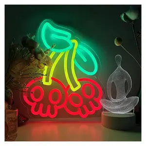 Sign Illuminated Skull Cherry Neon Sign For Wall Decor Light USB Powered With Switch Suitable For Bedroom Decoration Night Lighting 35.5cm×28.38cm Sign Lamp