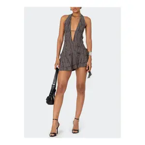 Shredded Backless Halter Mini Dress