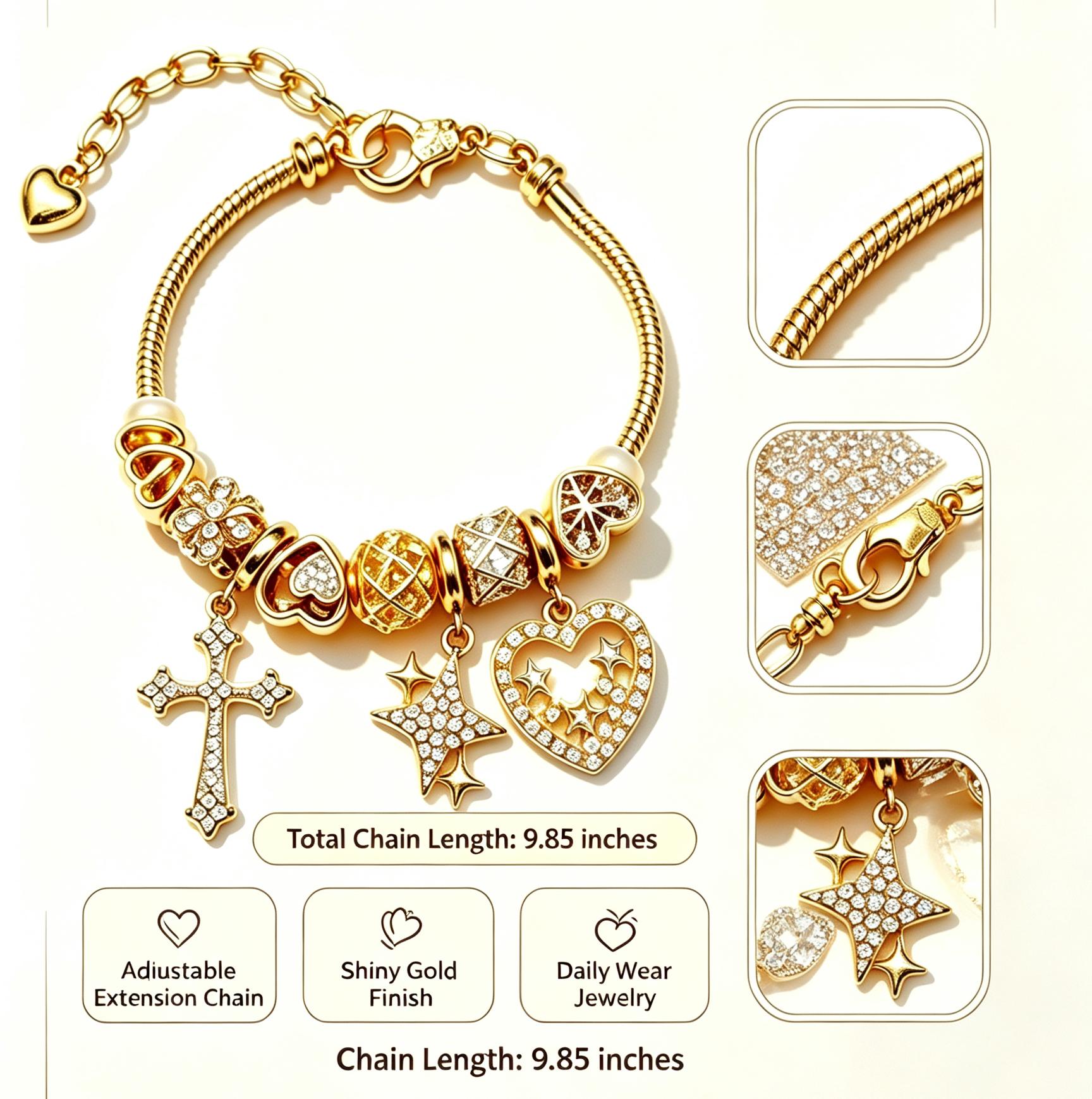 Gold Plated Cross Star Heart Charm Snake Chain Bracelet, Adjustable Cubic Zirconia Beaded Bracelet, Fashion Jewelry Gift for Women