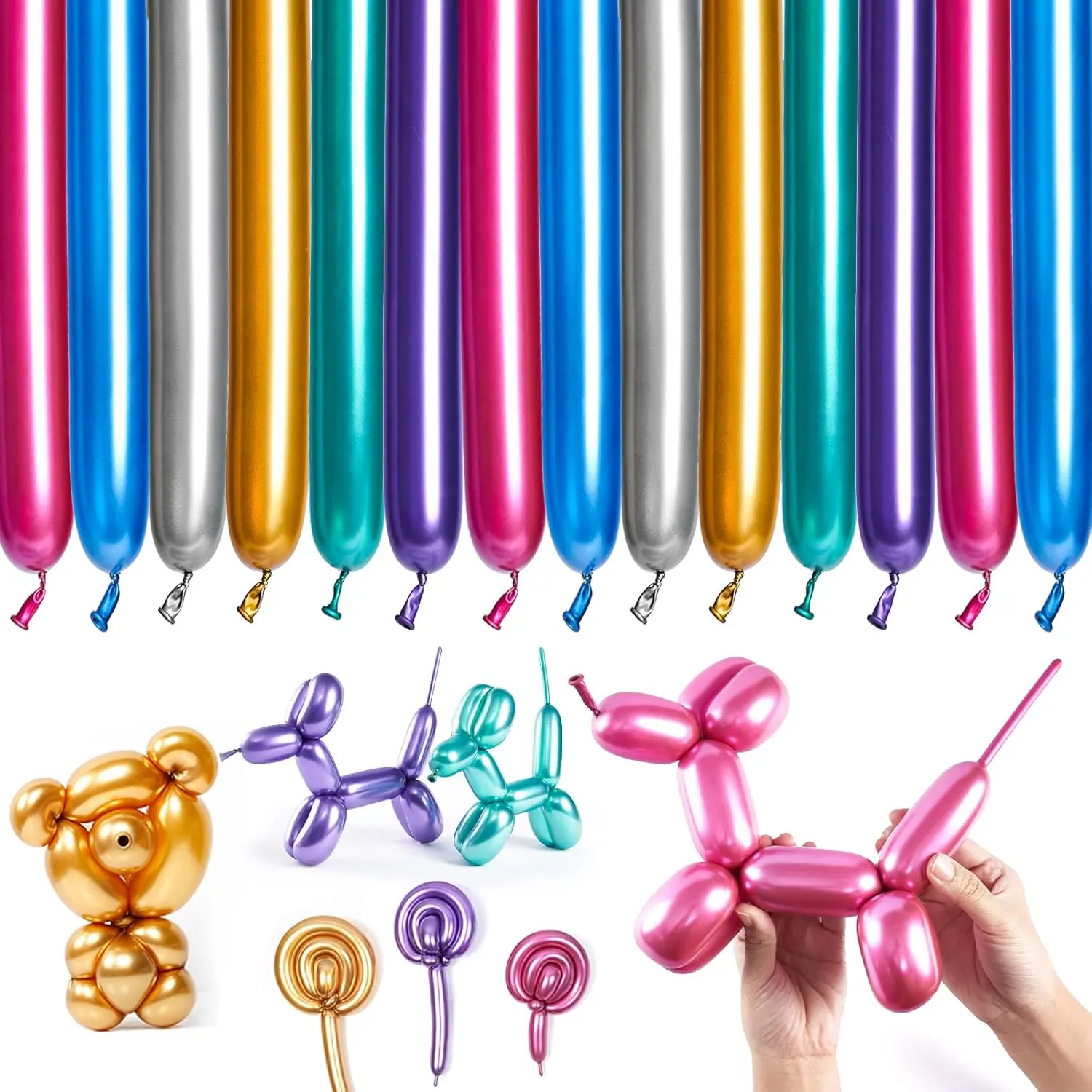 Metallic Twisting Balloons, 100 pcs Long Balloons 260Q Modelling Balloons in 6 Metallic Colors, Magic Balloons Animal Balloons for's Party, Carnivals, Jungle Party
