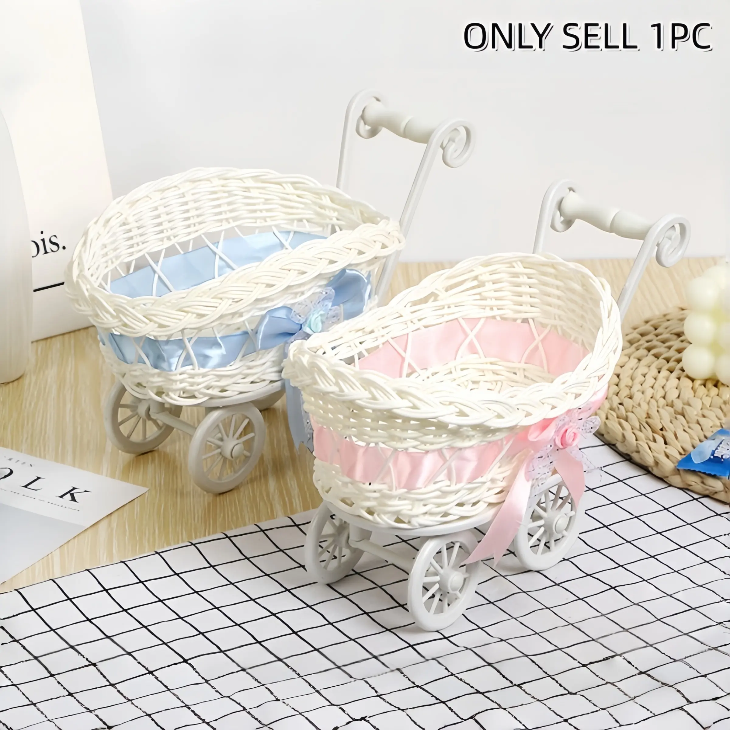 Rattan Baby Stroller Ornament, perfect as table centerpiece for baby parties. Ideal stroller shaped decor for gender reveal parties, wedding parties, Party Decoration, party decor supplies, party favors and souvenirs.