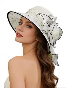 Elegant Mesh Polka Dot Hat with Embossed Flowers & Netting Bow, Vintage Wide Brim, Women's Party Photo Hat, Luxurious Lady Style
