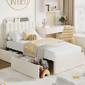 Twin Size Bed Frame with 2 Flexible Drawers,Boucle Upholstered Platform Bed Frame with Bookcase Headboard,Bedframe for Kids/Girls,Easy Assembly,No Box Spring Needed,Noise Free,Beige