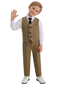 Boys 3-Piece Vest & Pants Set with Tie 👔 | Vest + Pants + Necktie | Black/Khaki/Brown Available | Classic Sets School Academy Style, Perfect for Weddings, Ring Bearer, Birthdays, Performances & All Formal Occasions (No Shirt Included)-24102