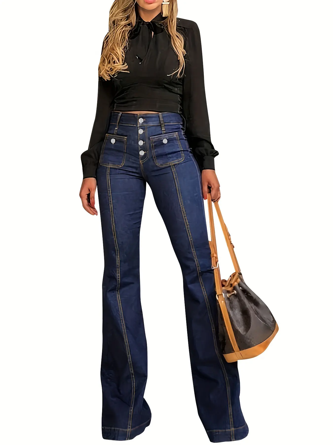 Women's Summer New High Waisted Jean Bottom Pants - Buttoned, Minimalist, Basic, Slim Fit, Fashionable Solid Pocket Flared Blue Denim Trousers for Thanksgiving, Easter