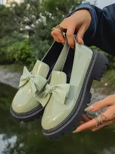 Women's Bowknot Loafers, Spring & Fall Casual PU Leather Shoes, Plain Pattern, Less Than Ankle Height, PVC Sole,Thick Sole Fashion Single Shoes，Mary Jane Loafers (Single-Sole)